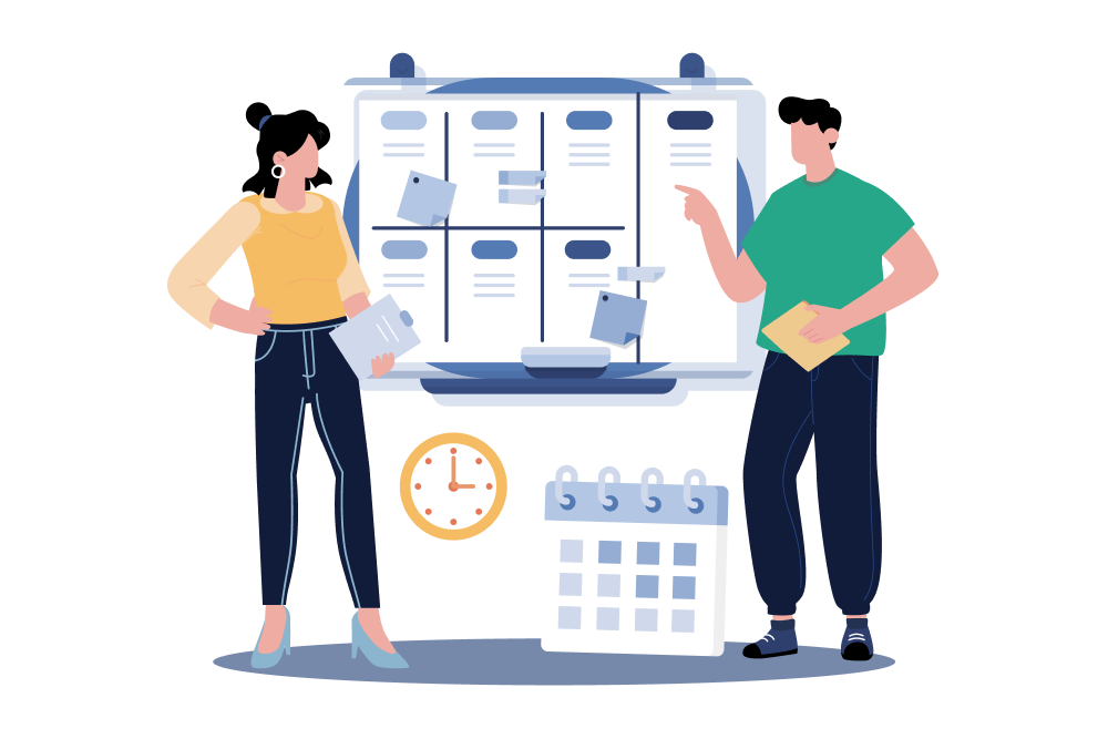 スケジュールを見て相談している2人のイラスト