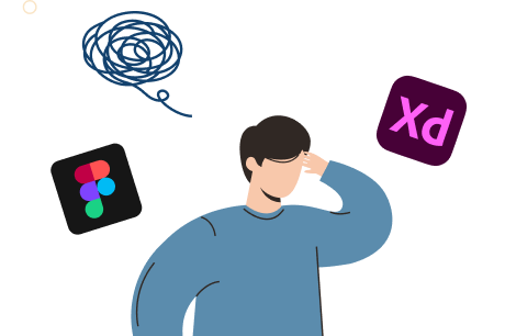 デザインツールが分からず困っている男性のイラスト